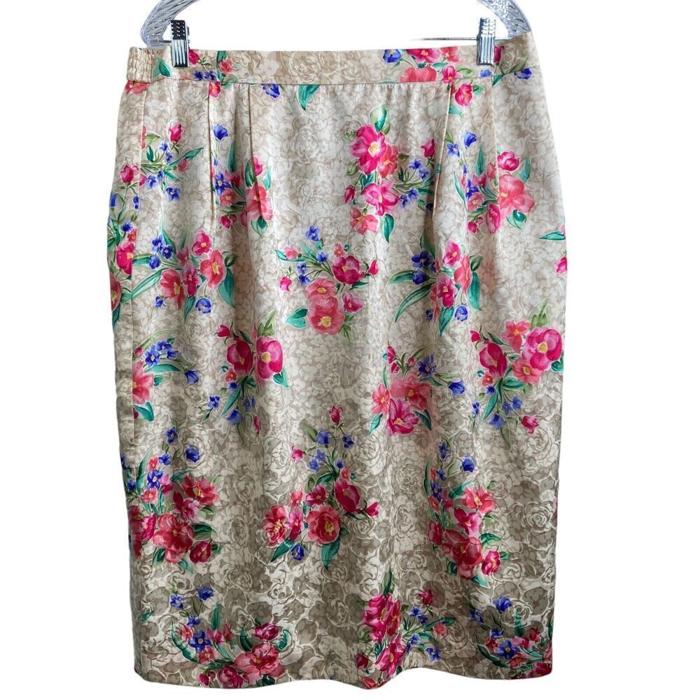 Cottagecore Women's Beige Floral 100% Silk Skirt Knee Length Size 14L Prairie